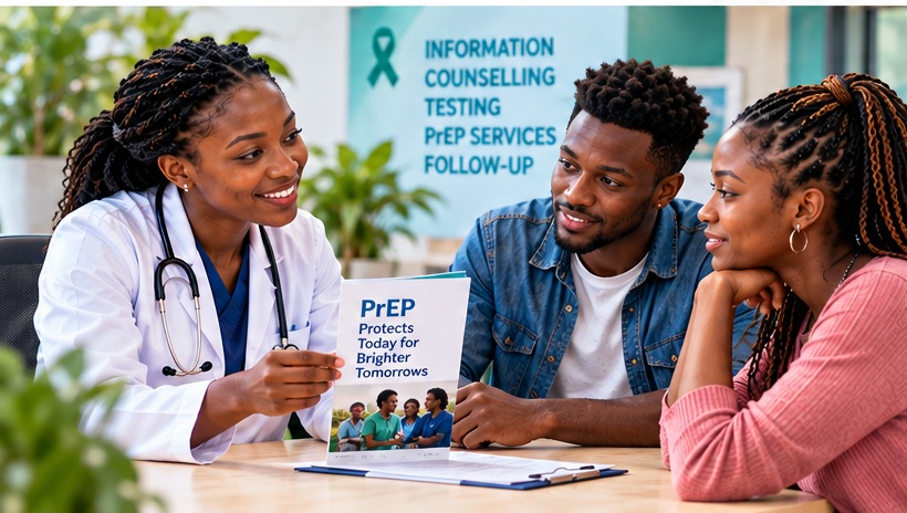 Illustrative image: healthcare professional discussing PrEP and HIV prevention with young adults