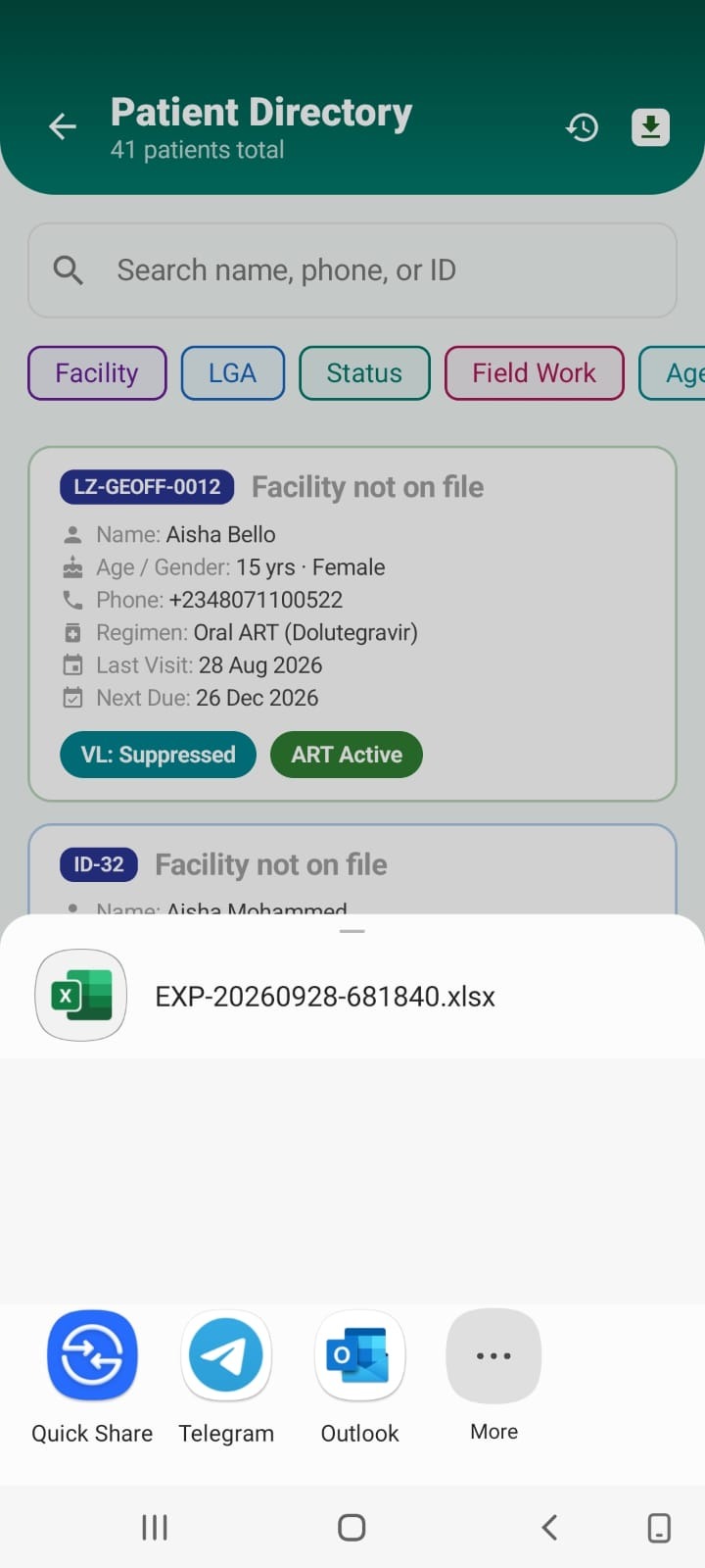 LenZA exported Excel file ready to share via WhatsApp, Telegram or Outlook