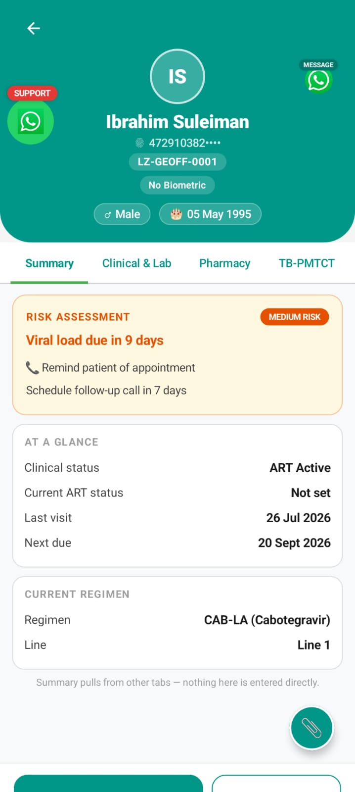 LenZA risk assessment showing viral load due date and risk level